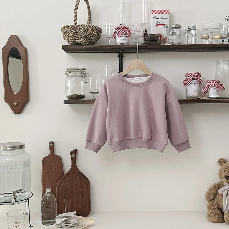 Children Autumn Toddler Boys Sweatshirts New Solid Color Kids Baby Girls Tops Round Neck Loose Simple Versatile Tops