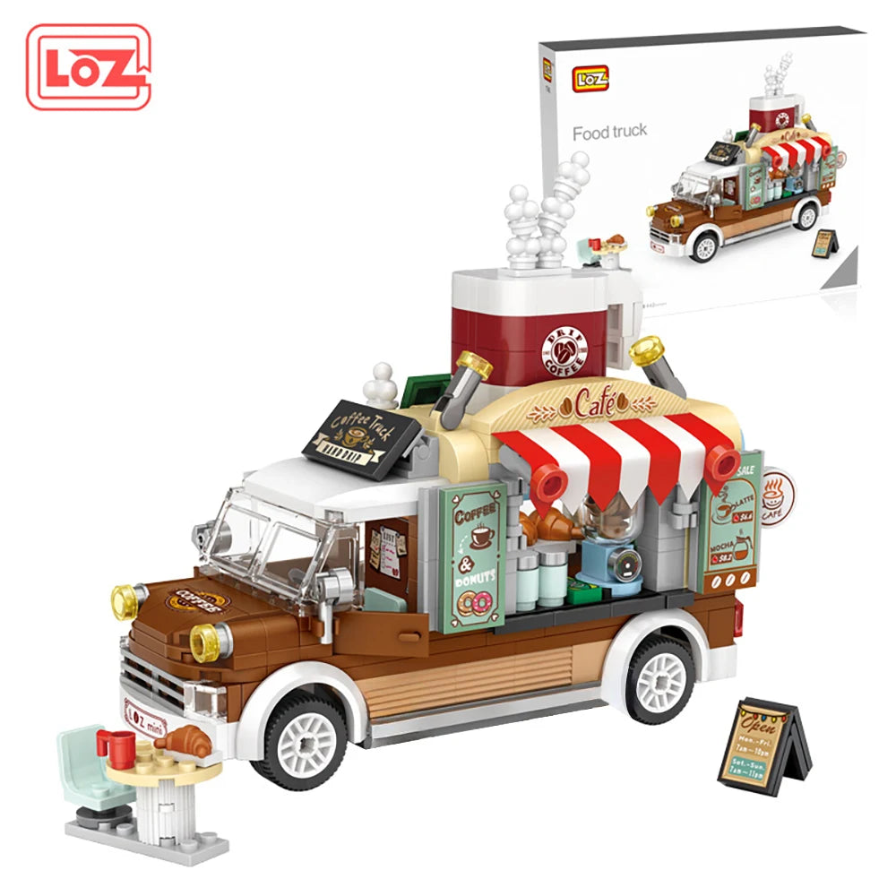 491pcs Street Stalls Pizza Trucks Coffee Food Shops Collection ABS Materials Birthday Gifts for Kid and Adults with Box