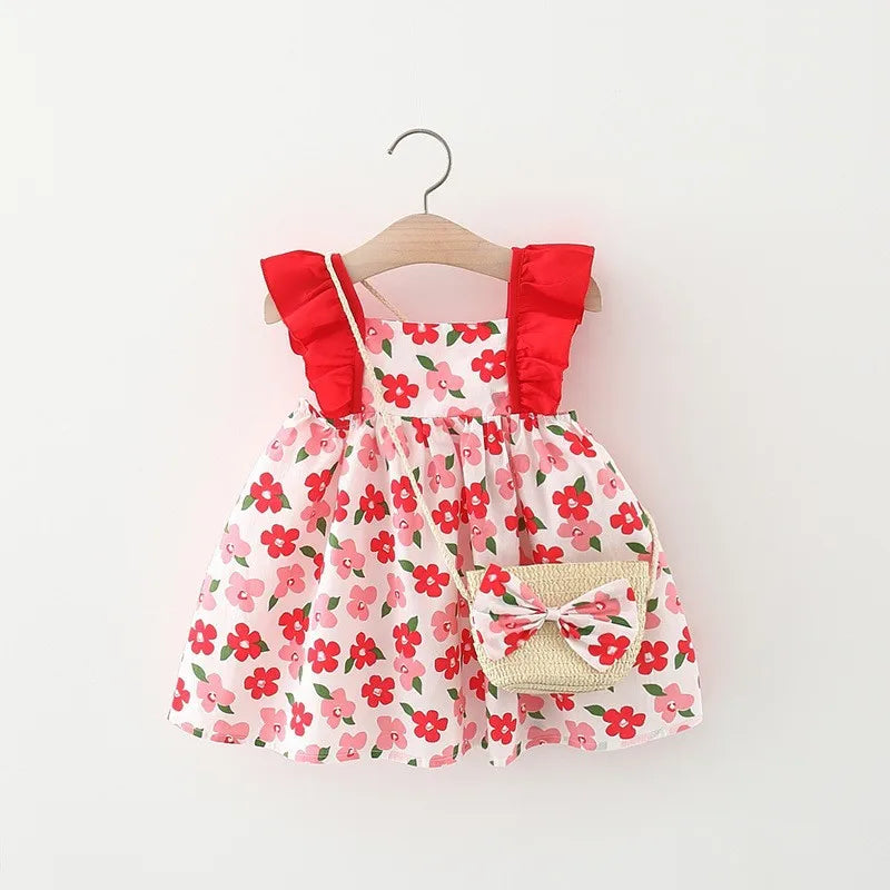 2024 New In Summer Baby Dresses For Girls Korean Cute Flowers Doll Collar Sleeveless Princess Kids Dress+Bag 2Piece Sets