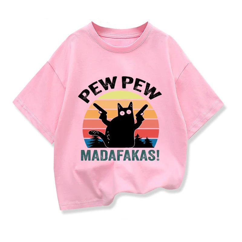 2025 New Kids Summer Clothes Cartoon Cat Graphic Kids Boys Fashion Short Sleeve T-shirt Girls Loose Oversize tshirts O-neck Tops