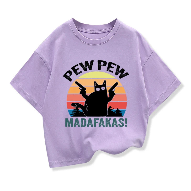 2025 New Kids Summer Clothes Cartoon Cat Graphic Kids Boys Fashion Short Sleeve T-shirt Girls Loose Oversize tshirts O-neck Tops