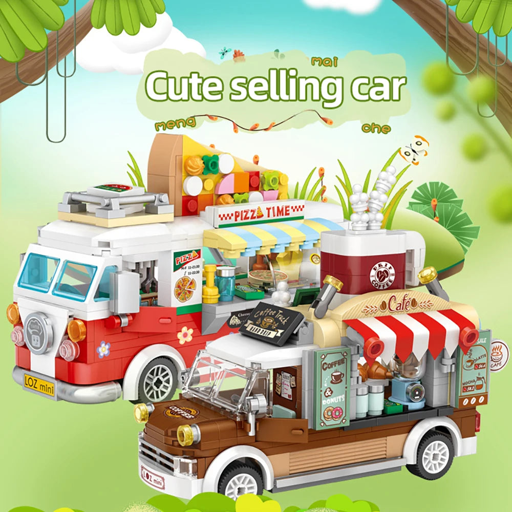 491pcs Street Stalls Pizza Trucks Coffee Food Shops Collection ABS Materials Birthday Gifts for Kid and Adults with Box