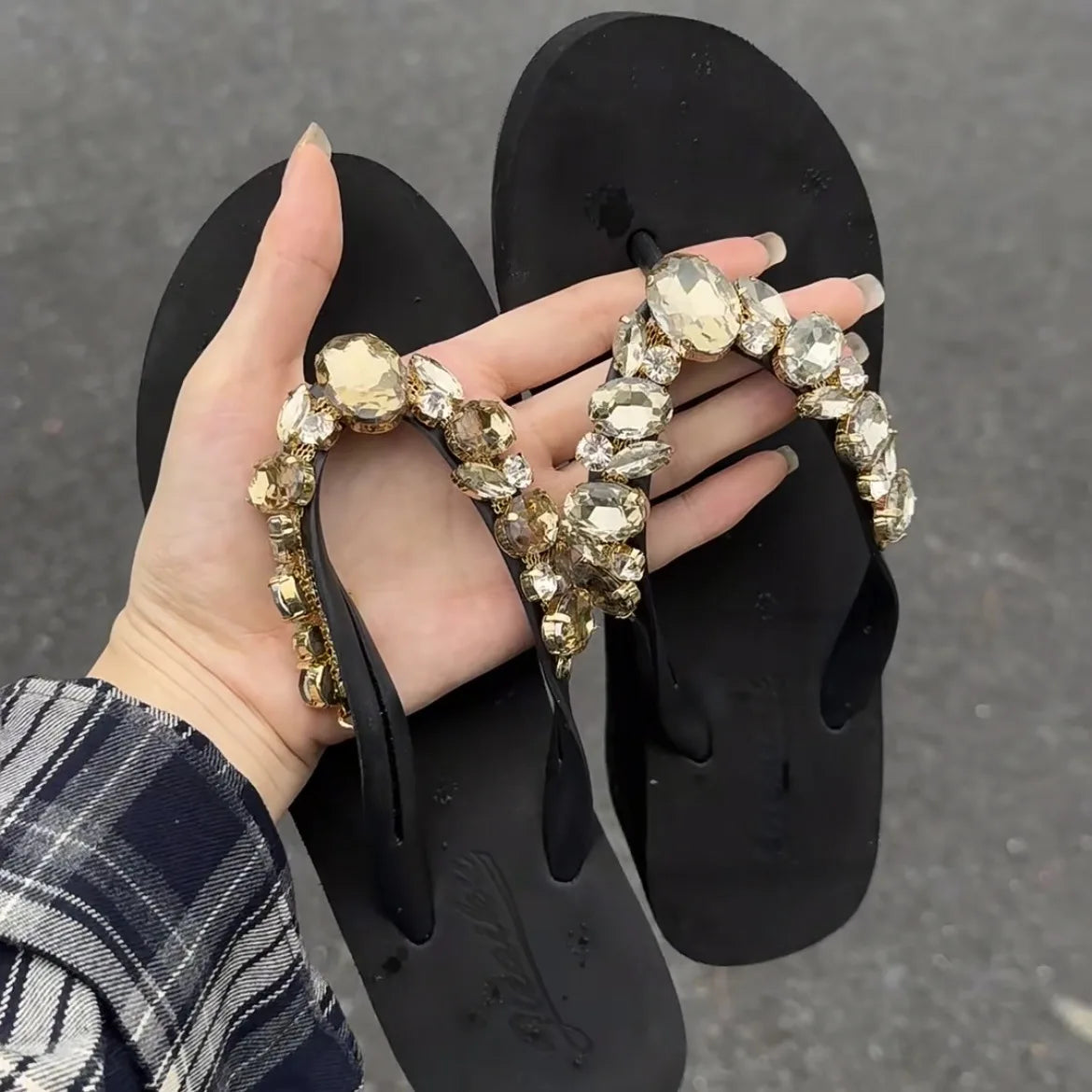 Anti slip rhinestone casual champagne vacation summer cool slippers flip flops new jacket fashionable beach style 1.5 heel high