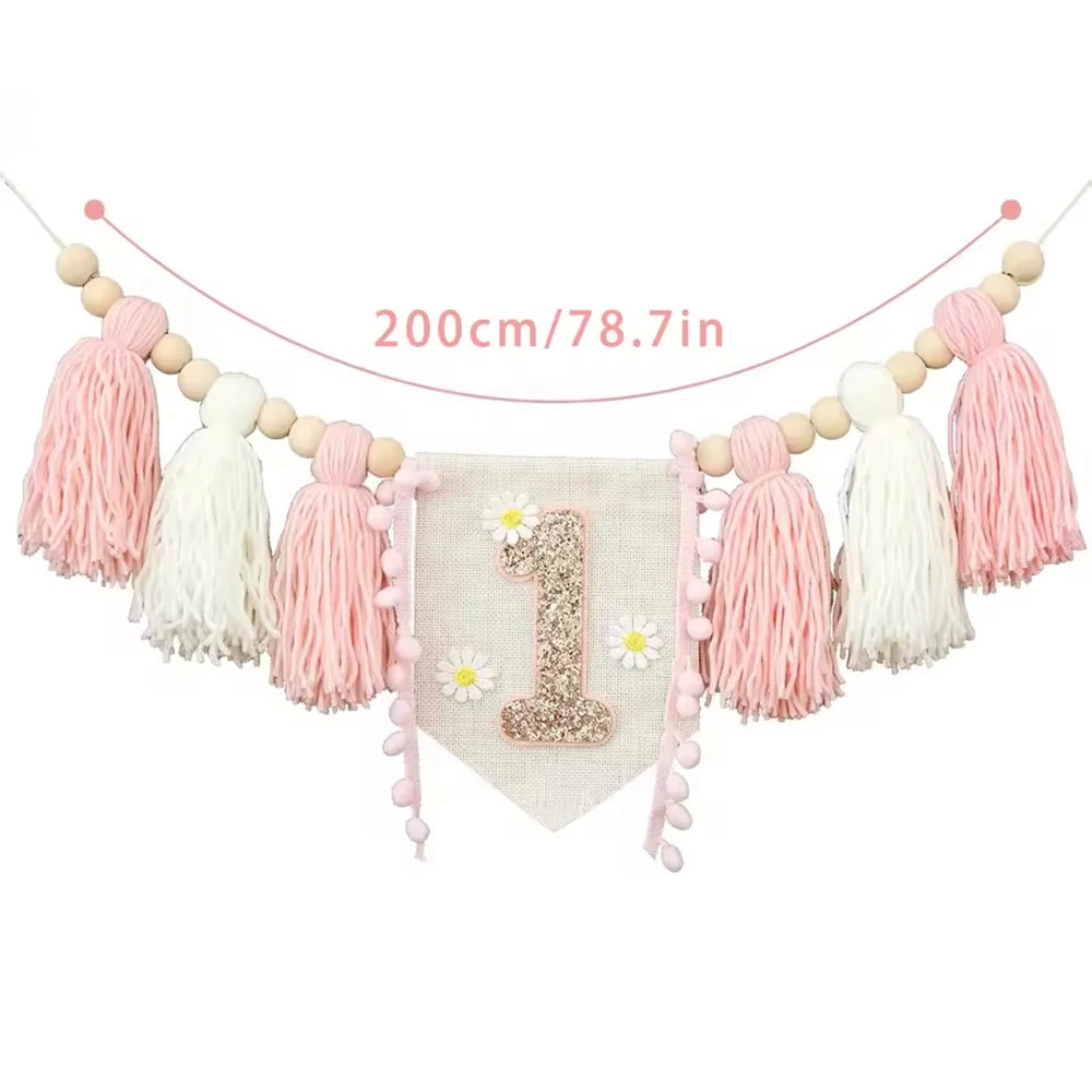 1PC Baby Birthday Banner Venue Decoration, Cowboy Wood Bead Tassels, First Birthday Flag, Party Photography Props