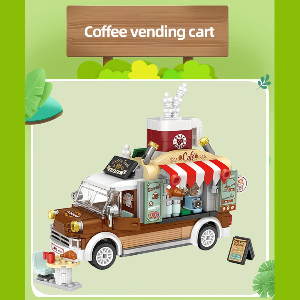 491pcs Street Stalls Pizza Trucks Coffee Food Shops Collection ABS Materials Birthday Gifts for Kid and Adults with Box