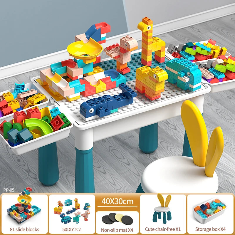 Activity Water Table 5-in-1 Kids Toys and Chair Set with 143pcs Large Marble Run DIY Building Block for Kids Ages 3+