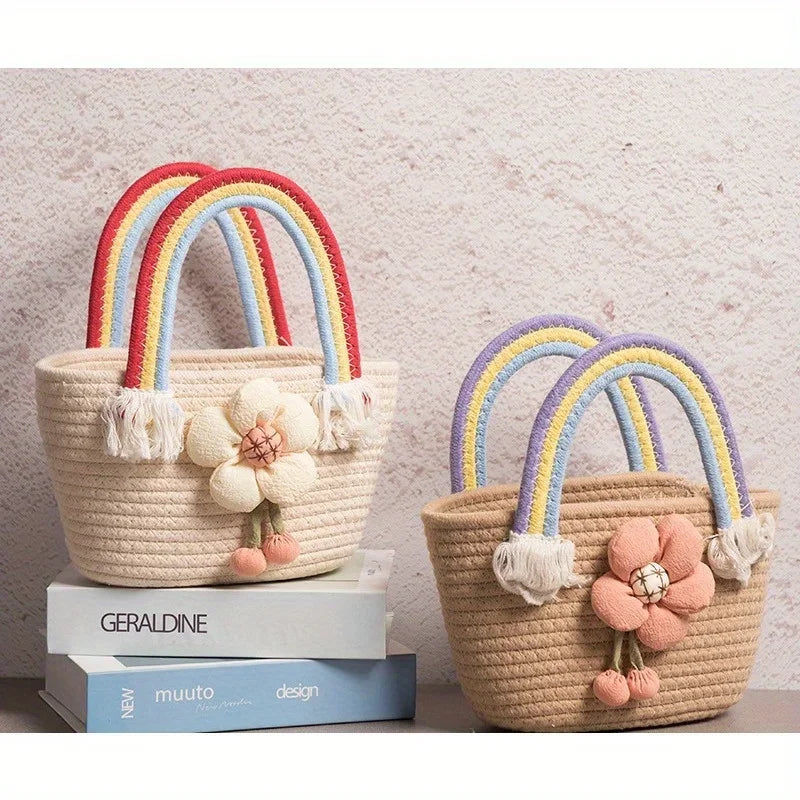 Rainbow braided bag cotton rope women's bag student handbag wedding handbag hand carry gift bag beach bag