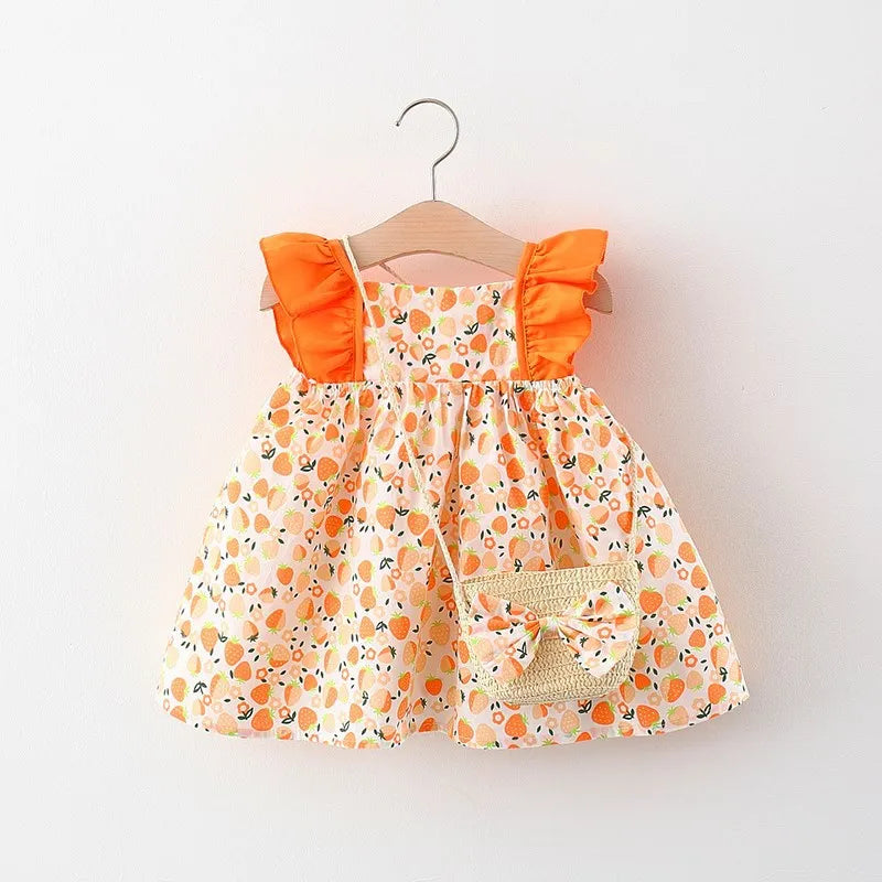 2024 New In Summer Baby Dresses For Girls Korean Cute Flowers Doll Collar Sleeveless Princess Kids Dress+Bag 2Piece Sets