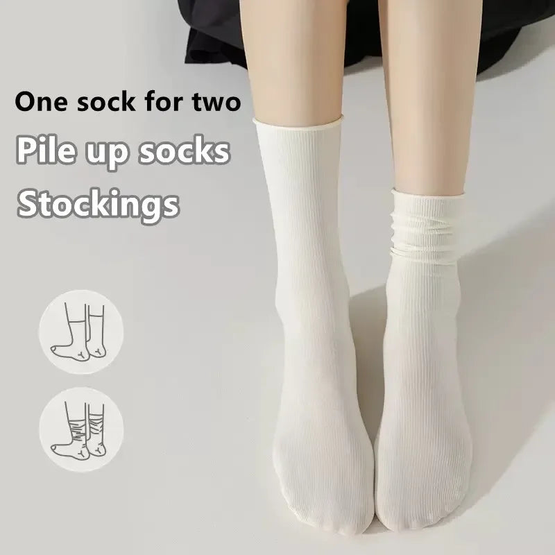 10 Pairs Thin Ice Silk Women's Long Tube Socks Summer Cool Mid Calf Socks Black and White Ice Ice Socks Pile Pile Ladies' Socks