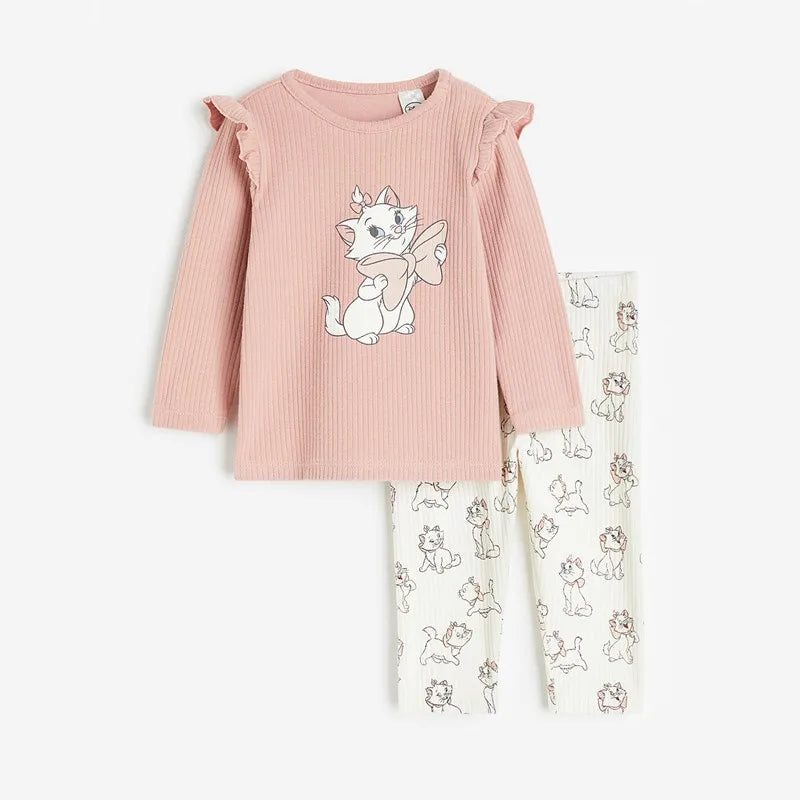 2024 New Disney Marie Cat Long Sleeve Suit For Girl Clothing Autumn Fashion Base Shirt + Trousers Two Piece Set Children Outfits