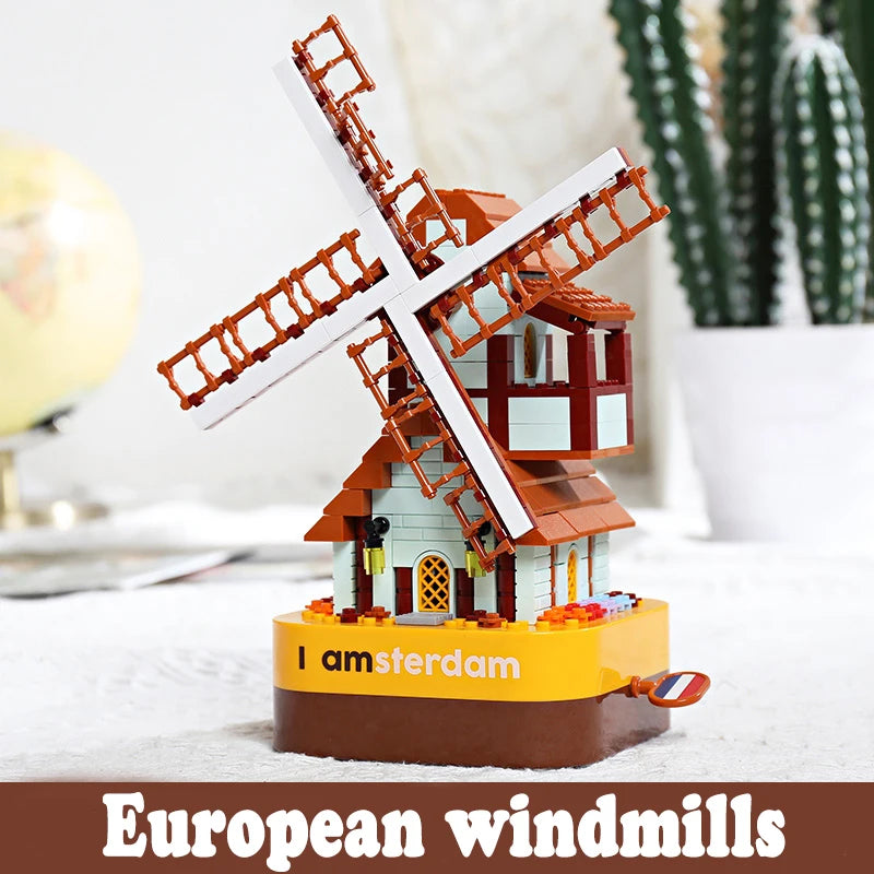 2025 New Dutch Windmill Music Box Building Blocks Kit-European-style Windmill Bricks Model,Home Decor DIY Toy Kids Birthday Gift