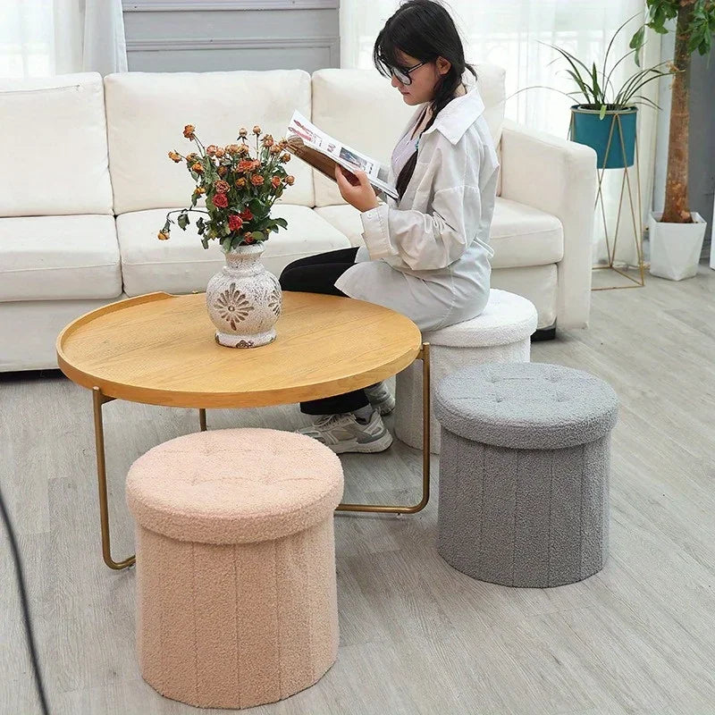 Creative Round Bucket Teddy Leather Stool Soft Fabric Ottoman Bench Home Makeup Chair with Storage
