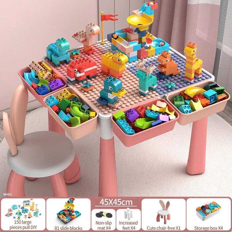 Activity Water Table 5-in-1 Kids Toys and Chair Set with 143pcs Large Marble Run DIY Building Block for Kids Ages 3+