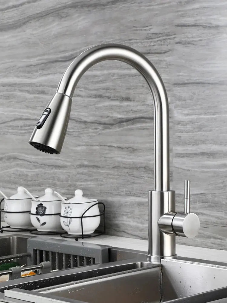 1PC Pull-Out Kitchen Faucet, Cold And Hot Water, Stainless Steel Sink, Extendable And Rotatable Faucet.