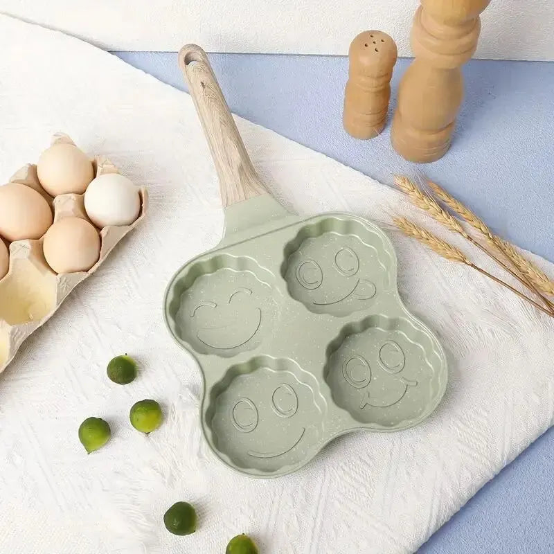1PC Home Creative Porous Frying Pan Medical Stone Non-Stick Wood Grain Handle Breakfast Mini Egg Dumpling Pan