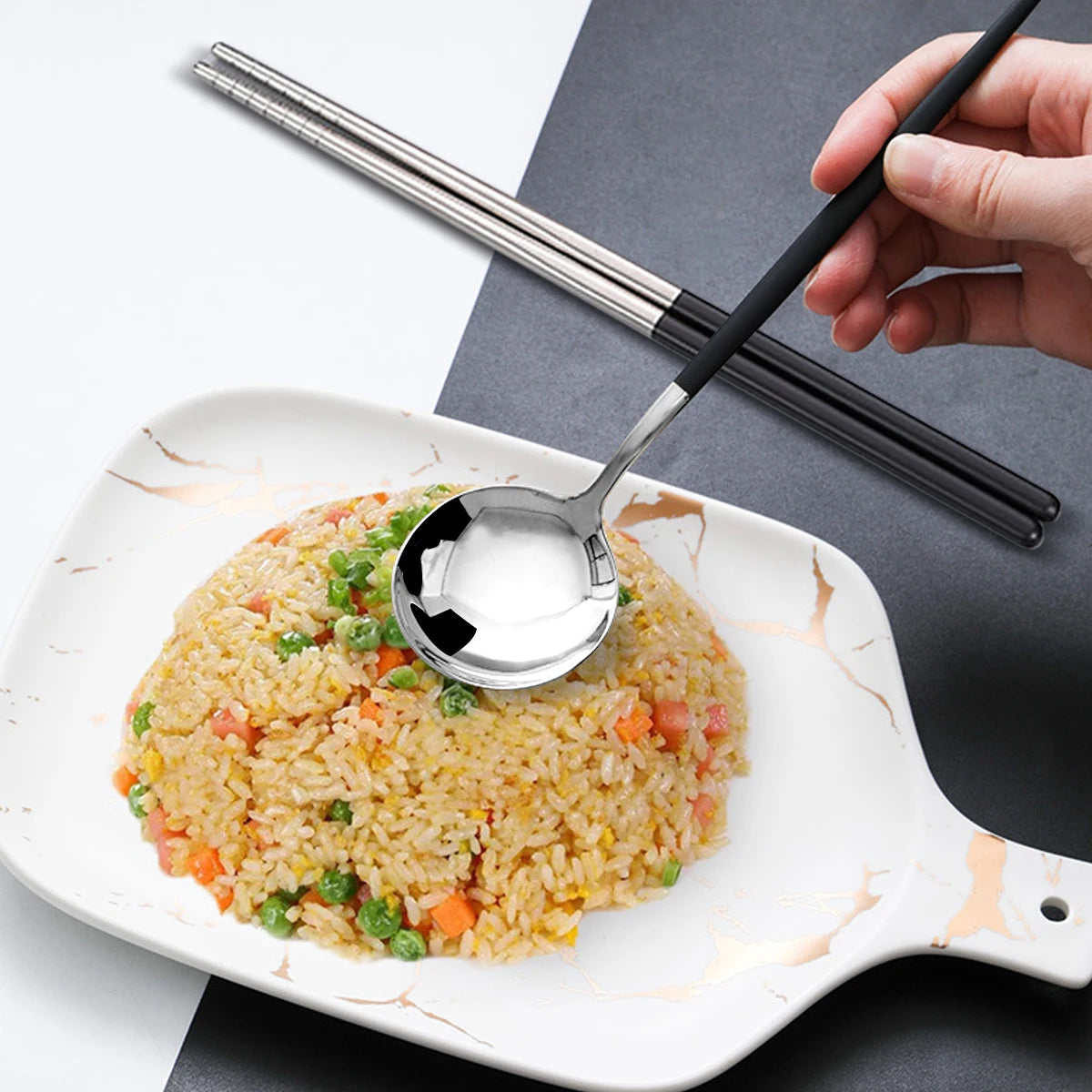 2pcs Stainless Steel Food Chopsticks Spoon Set Long Handle Flat Non-slip Chopsticks Dessert Spoons Dinnerware Set