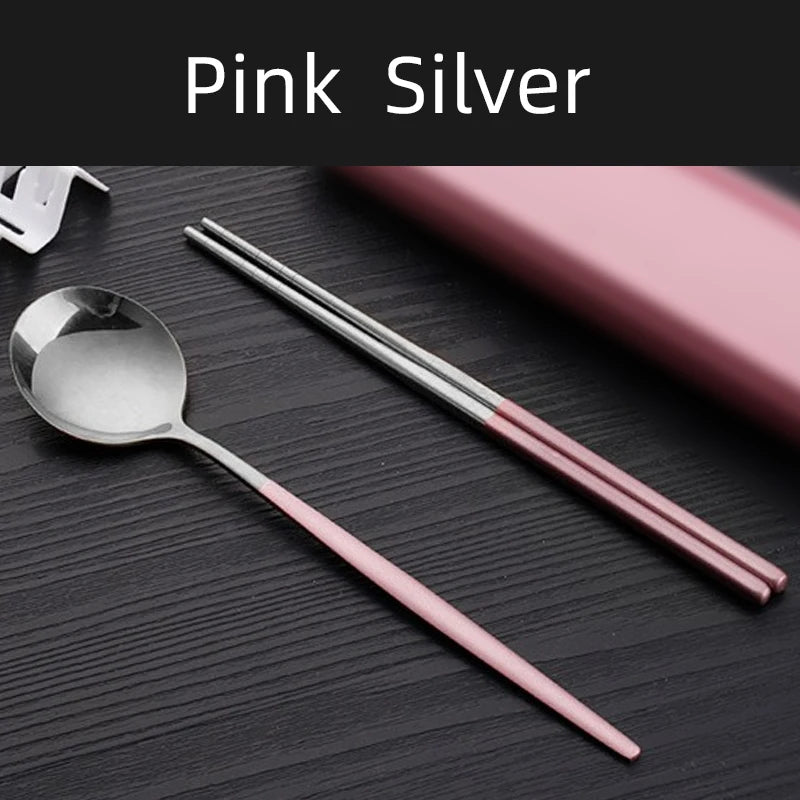 2pcs Stainless Steel Food Chopsticks Spoon Set Long Handle Flat Non-slip Chopsticks Dessert Spoons Dinnerware Set