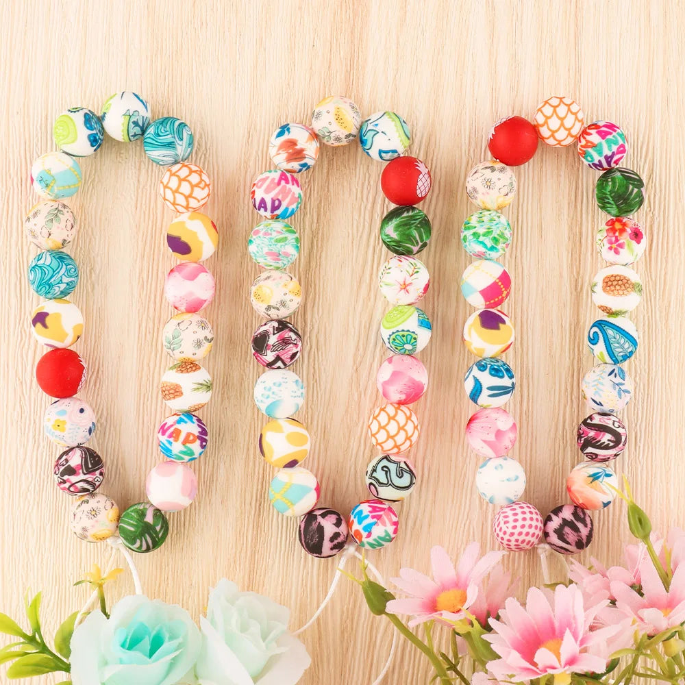 10Pcs/lot Printed Silicone Beads 15mm Round Leopard Terrazzo Dalmatian Camo Silicone Beads For Jewelry Making DIY Accessories