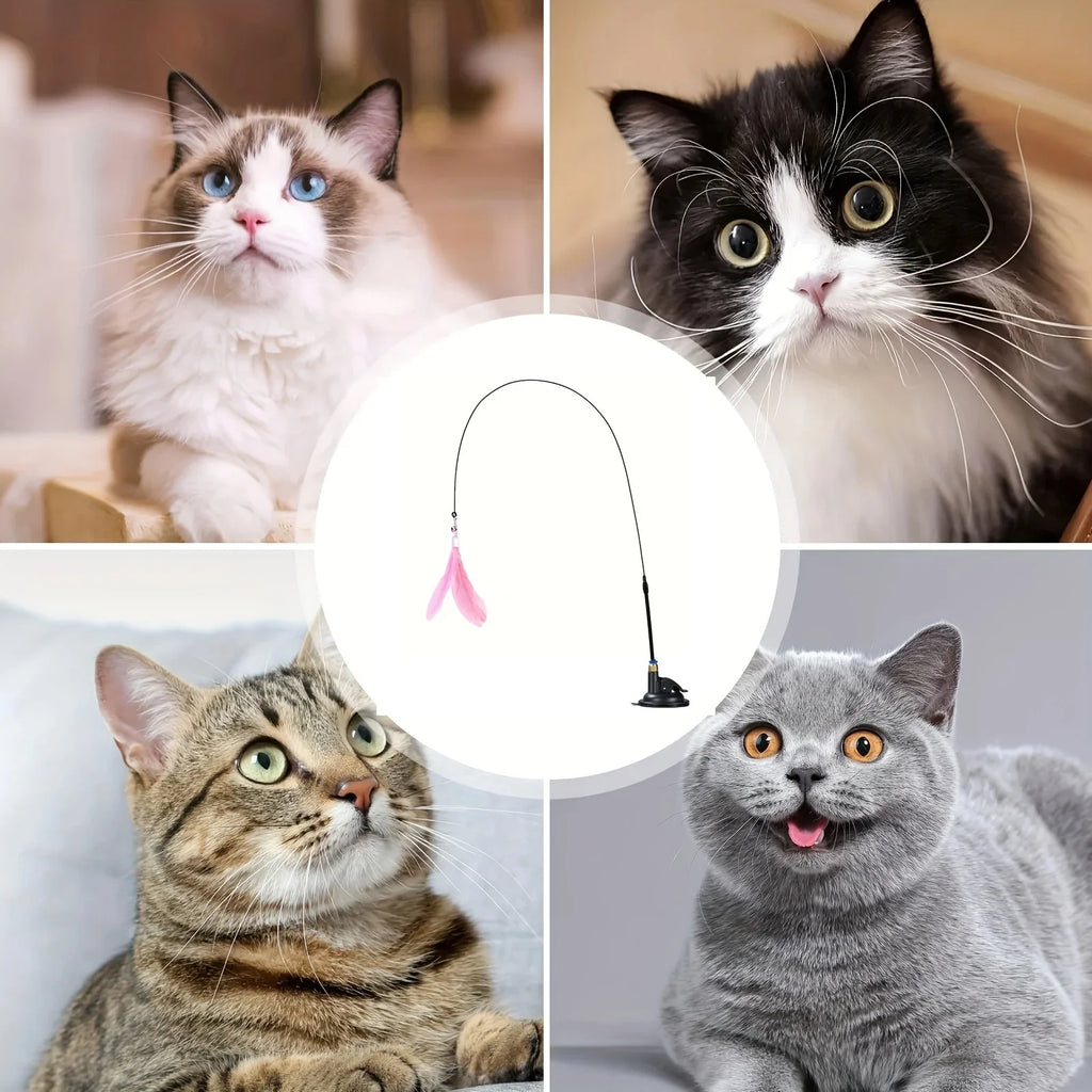 Cat Preview Toy - Interactive Bell and Feather Cane - Long Sucking Cup Rod, Fun Game Time Adventure Use - Ultimate Cat Toy
