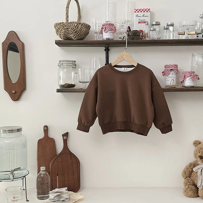 Children Autumn Toddler Boys Sweatshirts New Solid Color Kids Baby Girls Tops Round Neck Loose Simple Versatile Tops