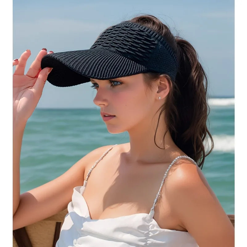 1pc Summer Breathable Sun Hat,Casual Elastic Knitted Cap,Women's Long Brim Sunshade Empty Top Hat for Outdoor Sports, beach hat
