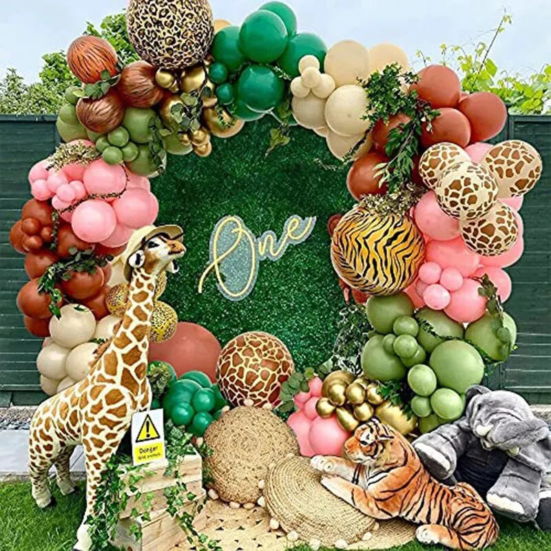 1Set, Safari Park Jungle Balloon Flower Arch Set Tropical Theme Party Supplies Birthday Wedding Graduation Gold White Decoration
