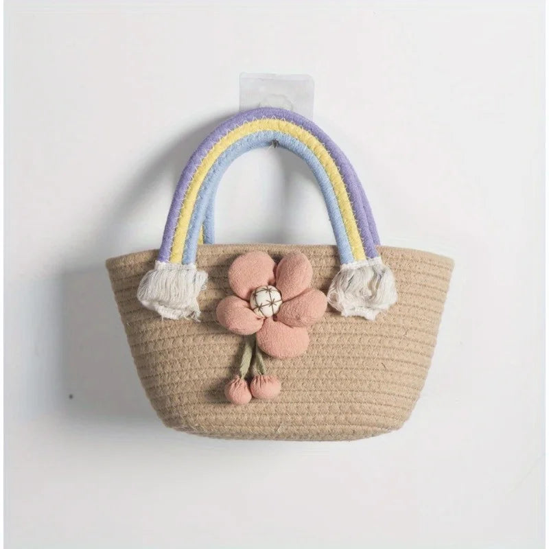 Rainbow braided bag cotton rope women's bag student handbag wedding handbag hand carry gift bag beach bag