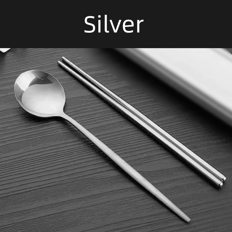 2pcs Stainless Steel Food Chopsticks Spoon Set Long Handle Flat Non-slip Chopsticks Dessert Spoons Dinnerware Set