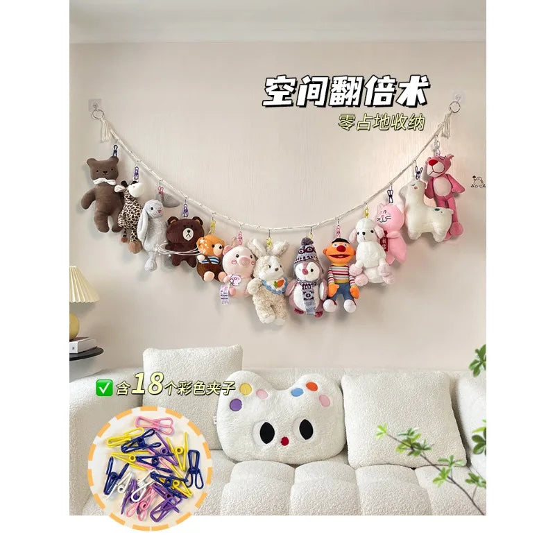 Doll on the wall storage lanyard plush toy grab doll display mesh pocket hanging bag bedside doll storage artifact