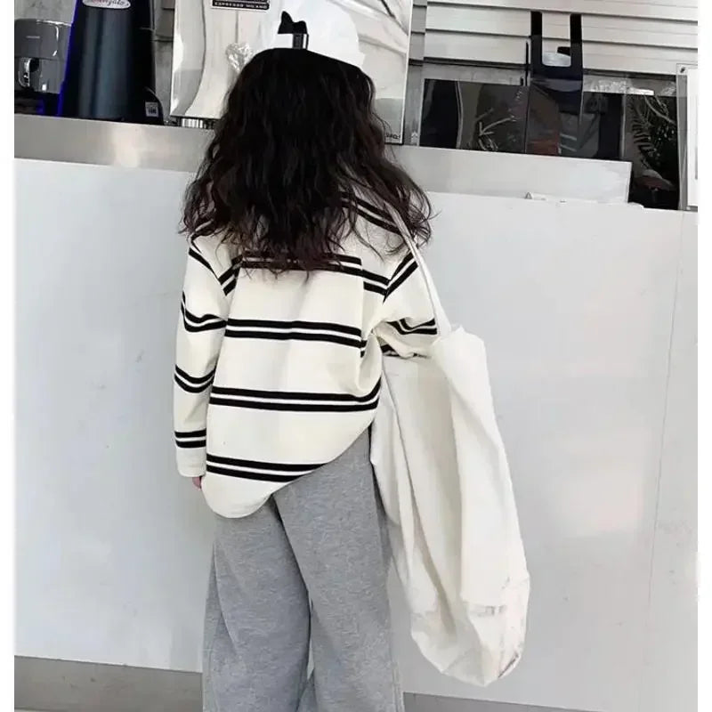 2025 Korea Style Simple Kids Clothes Girl 2Pcs Set Clothing Long Sleeve Striped+Loose Pant Outfits for Teen Girl 6 8 10 12 14Y