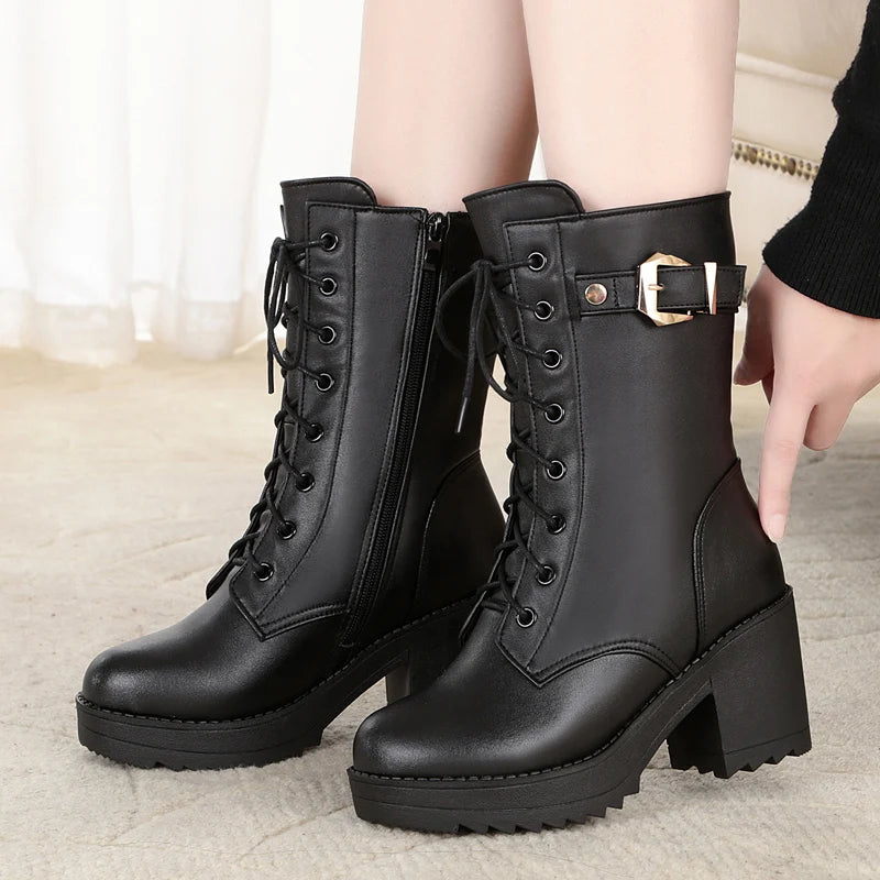 High-heeled Genuine Leather Women Winter Boots