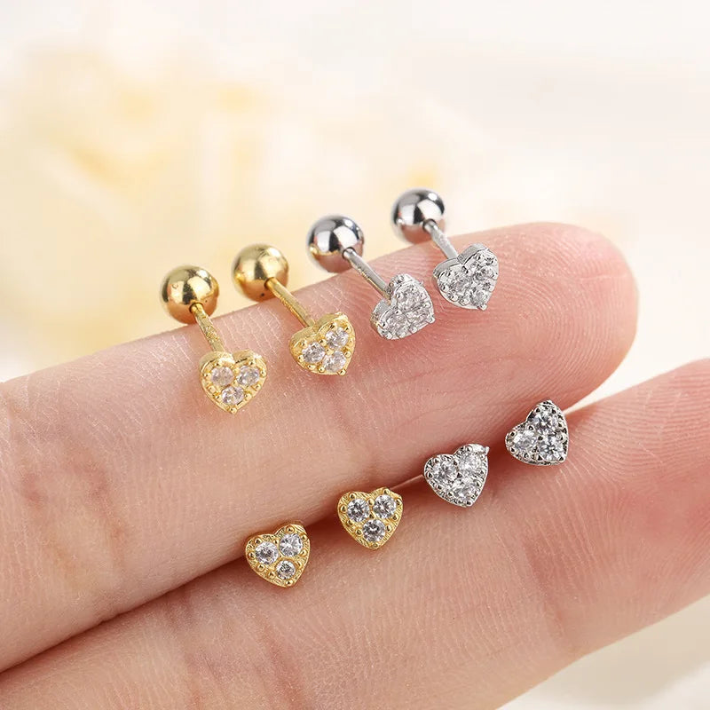 Fashion Screw Helix Piercing Heart Stud Earrings For Women Cubic Zirconia Hypoallergenic Silver Color Earring Girls Jewelry Gift