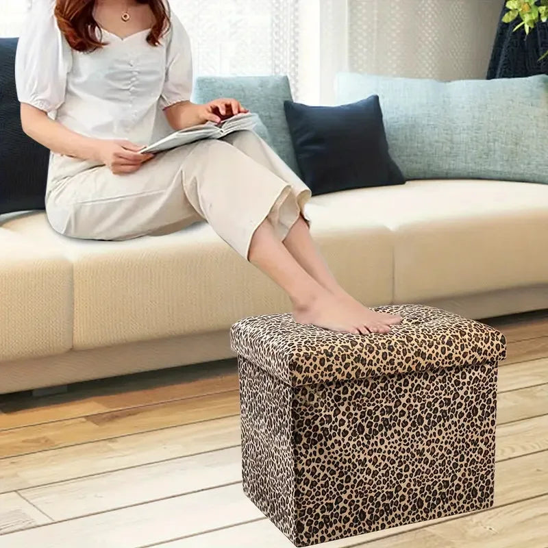 New leopard print flannel stool, can sit storage stool folding shoe changing stool
