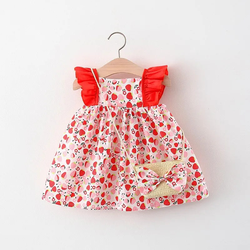 2024 New In Summer Baby Dresses For Girls Korean Cute Flowers Doll Collar Sleeveless Princess Kids Dress+Bag 2Piece Sets