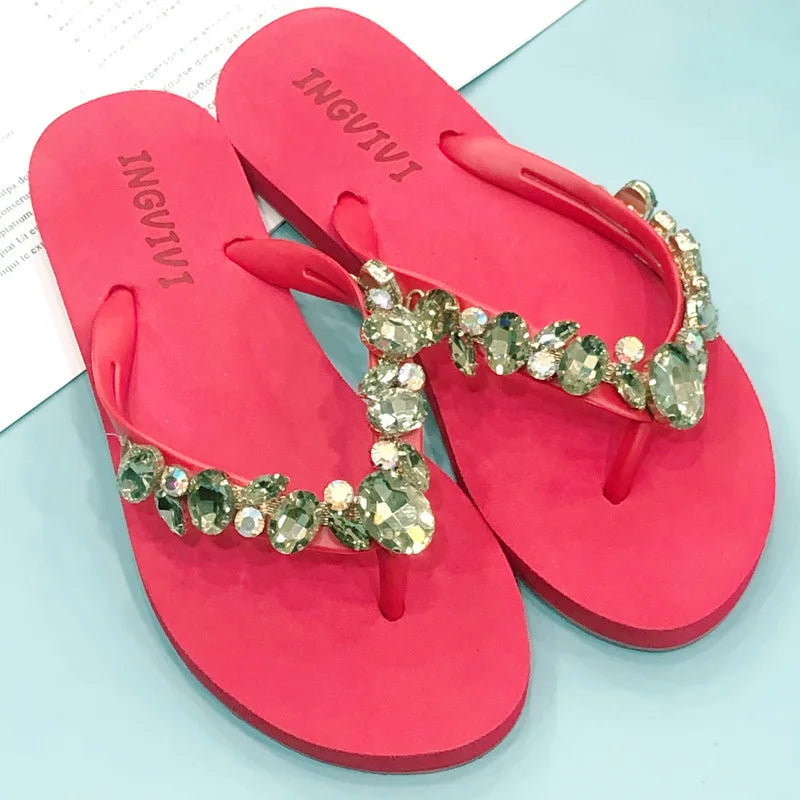 Anti slip rhinestone casual champagne vacation summer cool slippers flip flops new jacket fashionable beach style 1.5 heel high