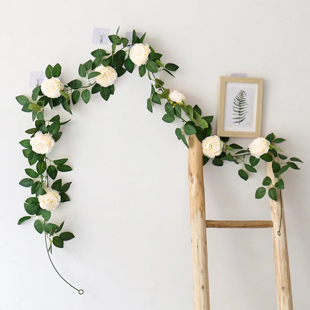 1PC Peony Flower Tea Flower Vine Green Plant Air Conditioner Pipe Decoration Rose Leaf Artificial Flower Vine Strip