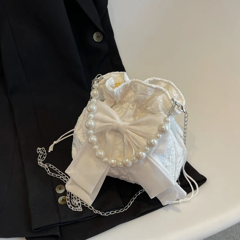 1 Piece Ladies Nylon Bucket Bag fashion Bow Decoration Women's Bag Beaded Handbag Chain Crossbody Bag