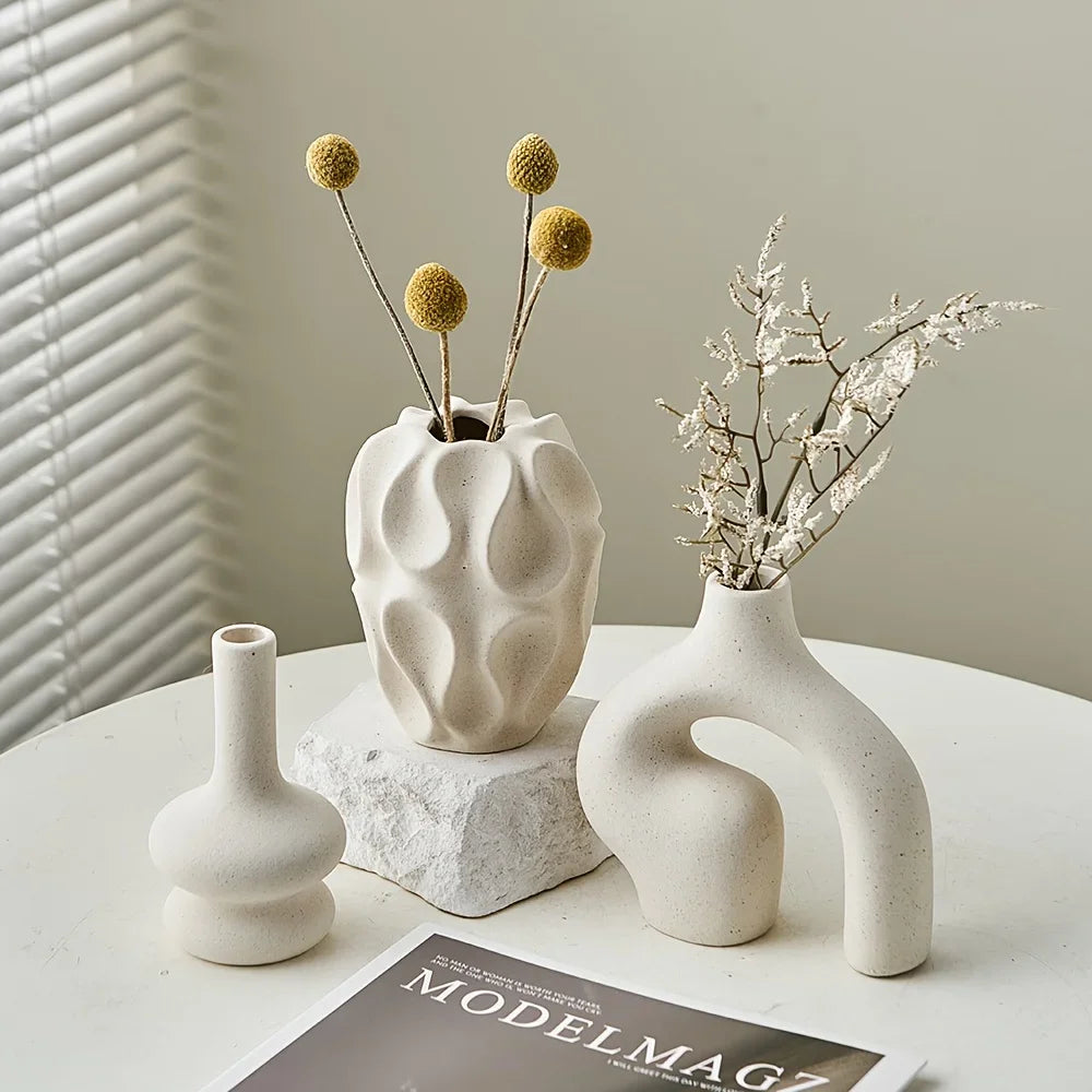 Modern Nordic minimalist circular and donut shaped geometric pattern vases are perfect for fashionable home decor