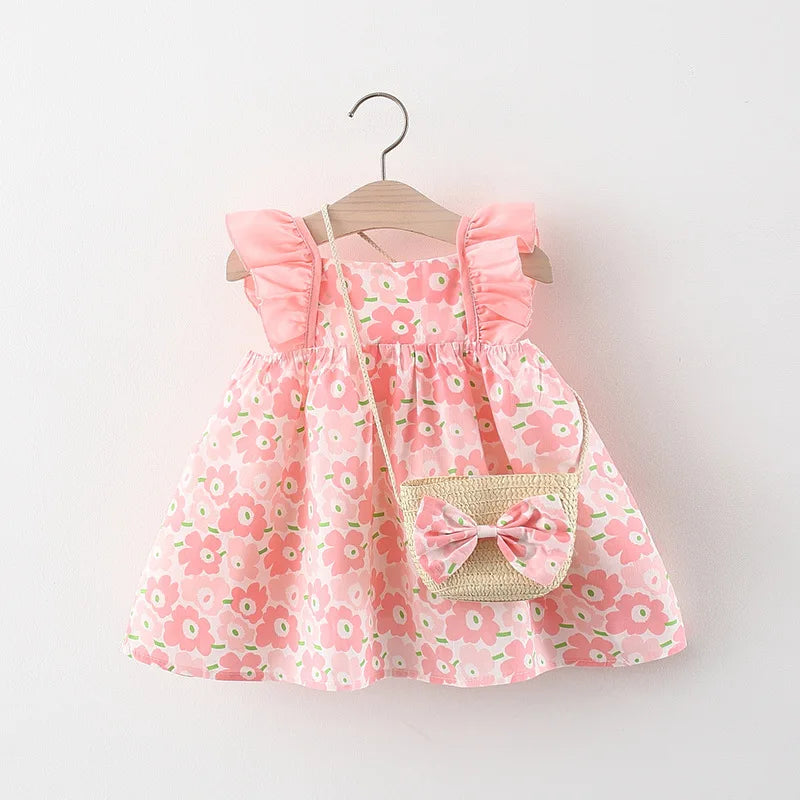 2024 New In Summer Baby Dresses For Girls Korean Cute Flowers Doll Collar Sleeveless Princess Kids Dress+Bag 2Piece Sets