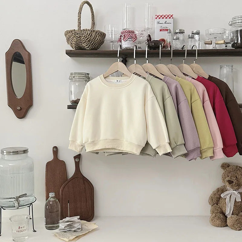 Children Autumn Toddler Boys Sweatshirts New Solid Color Kids Baby Girls Tops Round Neck Loose Simple Versatile Tops