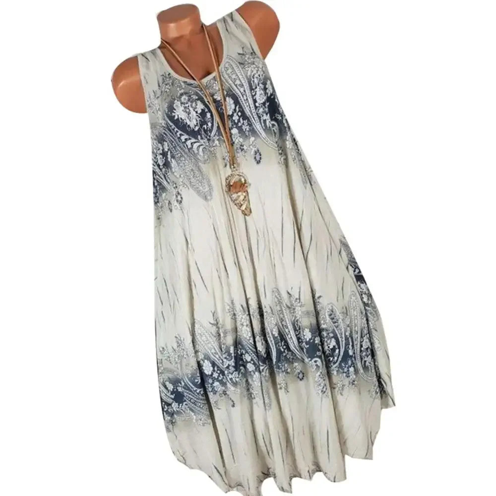 Hot Sales Women Skirt Summer Floral Print Round Neck Sleeveless Loose Pleated Plus Tank Dress for Female