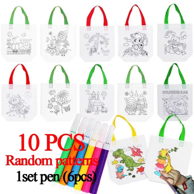 1-10pcs Sets DIY Graffiti Bag with Markers Handmade Painting Non-Woven Bag for Children Arts Crafts Color Filling Drawing Toys