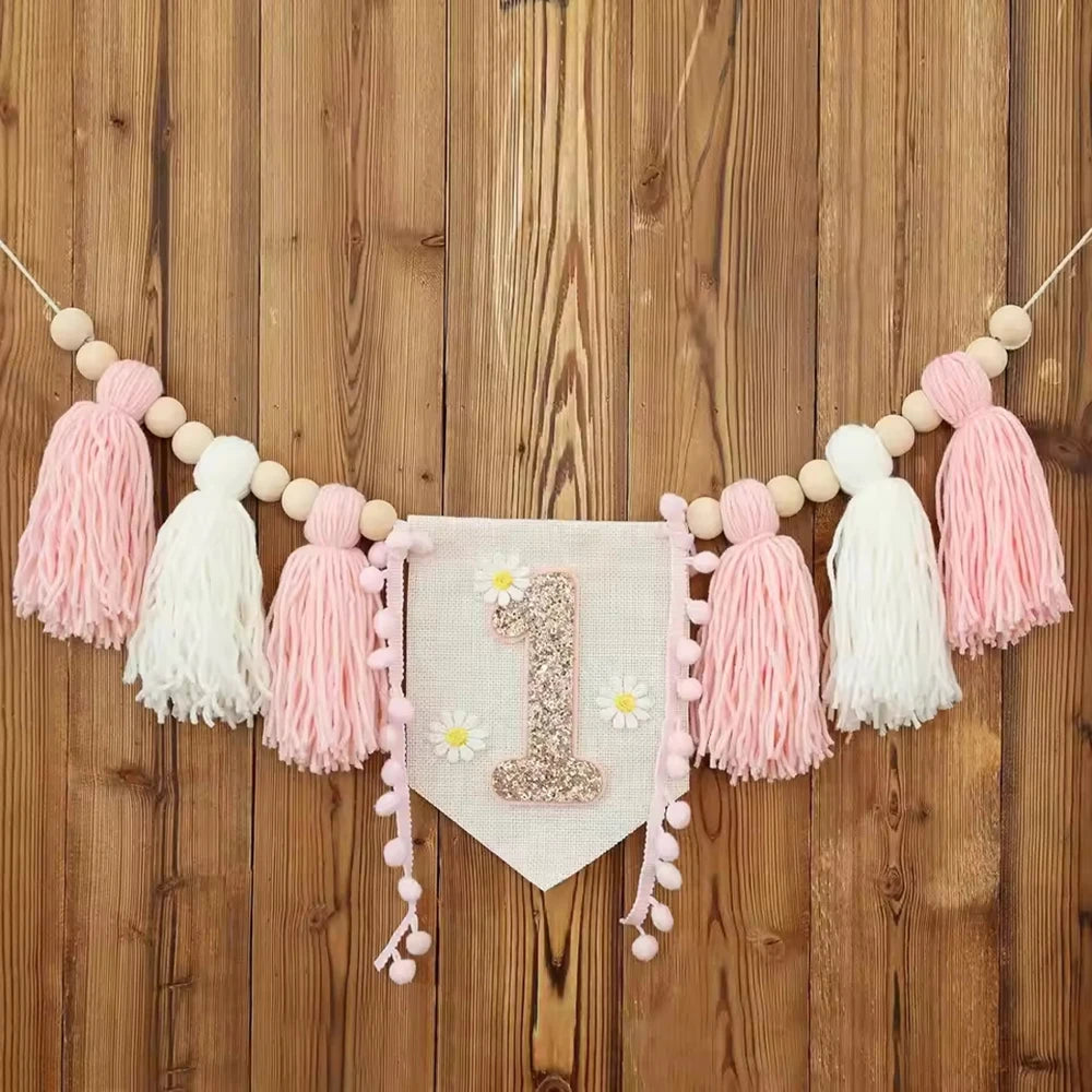 1PC Baby Birthday Banner Venue Decoration, Cowboy Wood Bead Tassels, First Birthday Flag, Party Photography Props