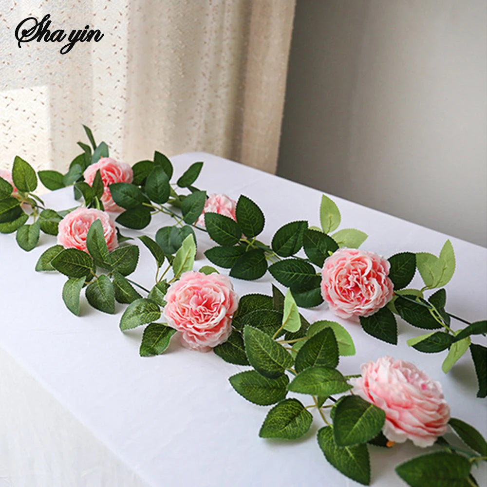 1PC Peony Flower Tea Flower Vine Green Plant Air Conditioner Pipe Decoration Rose Leaf Artificial Flower Vine Strip
