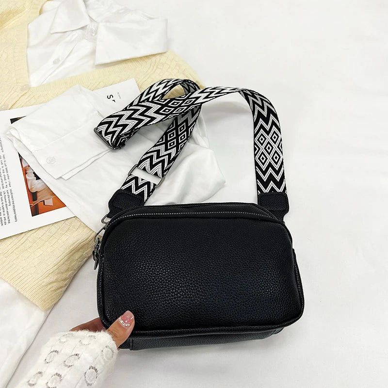 1 piece ladies pure color pu messenger bag fashion wide shoulder strap women's bag multi-flap pocket pants square bag