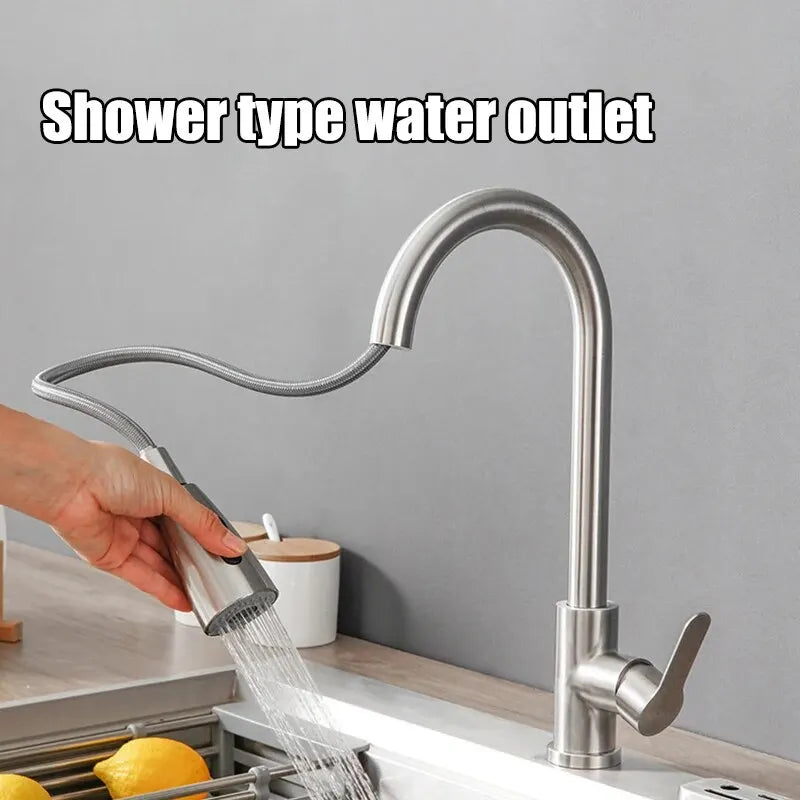 1PC Pull-Out Kitchen Faucet, Cold And Hot Water, Stainless Steel Sink, Extendable And Rotatable Faucet.
