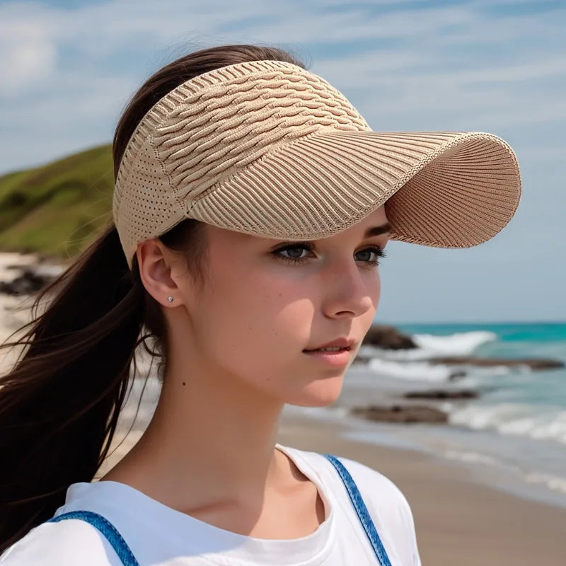 1pc Summer Breathable Sun Hat,Casual Elastic Knitted Cap,Women's Long Brim Sunshade Empty Top Hat for Outdoor Sports, beach hat