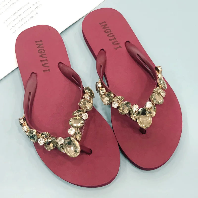 Anti slip rhinestone casual champagne vacation summer cool slippers flip flops new jacket fashionable beach style 1.5 heel high