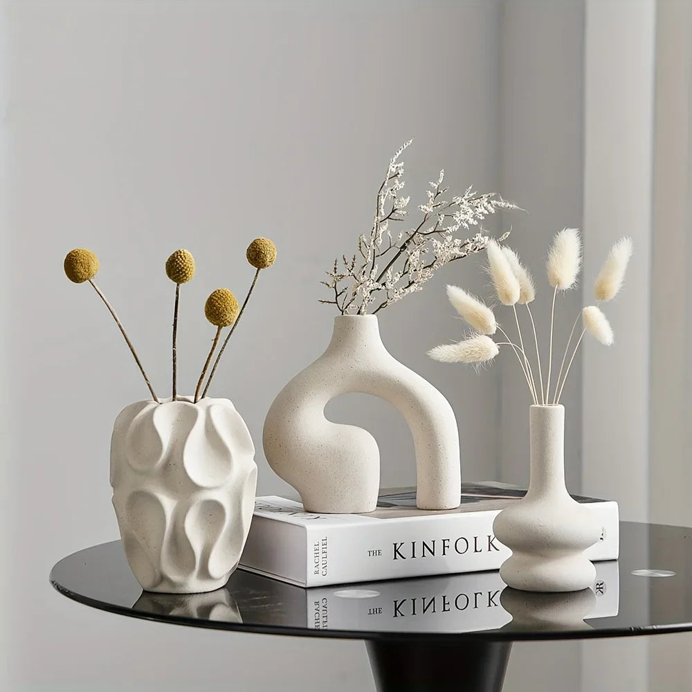 Modern Nordic minimalist circular and donut shaped geometric pattern vases are perfect for fashionable home decor