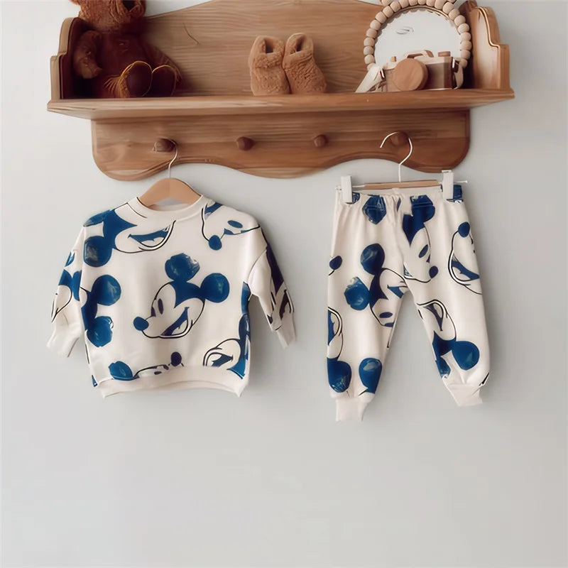 2024 Fashion Mickey Mouse Printed Tracksuits for Kids Cotton Round Neck Sweatshirt + Pant 2Pcs Baby Boys Girl Clothes Set